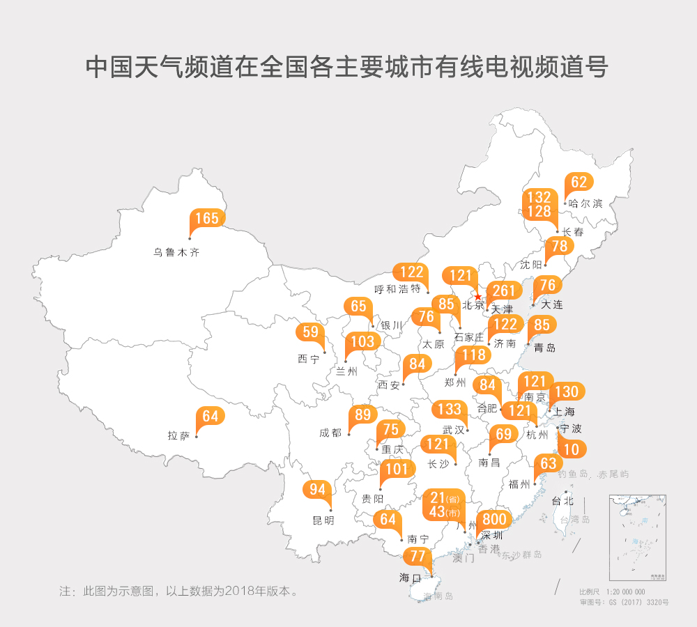 中国天气频道在全国各主要城市有线电视频道号